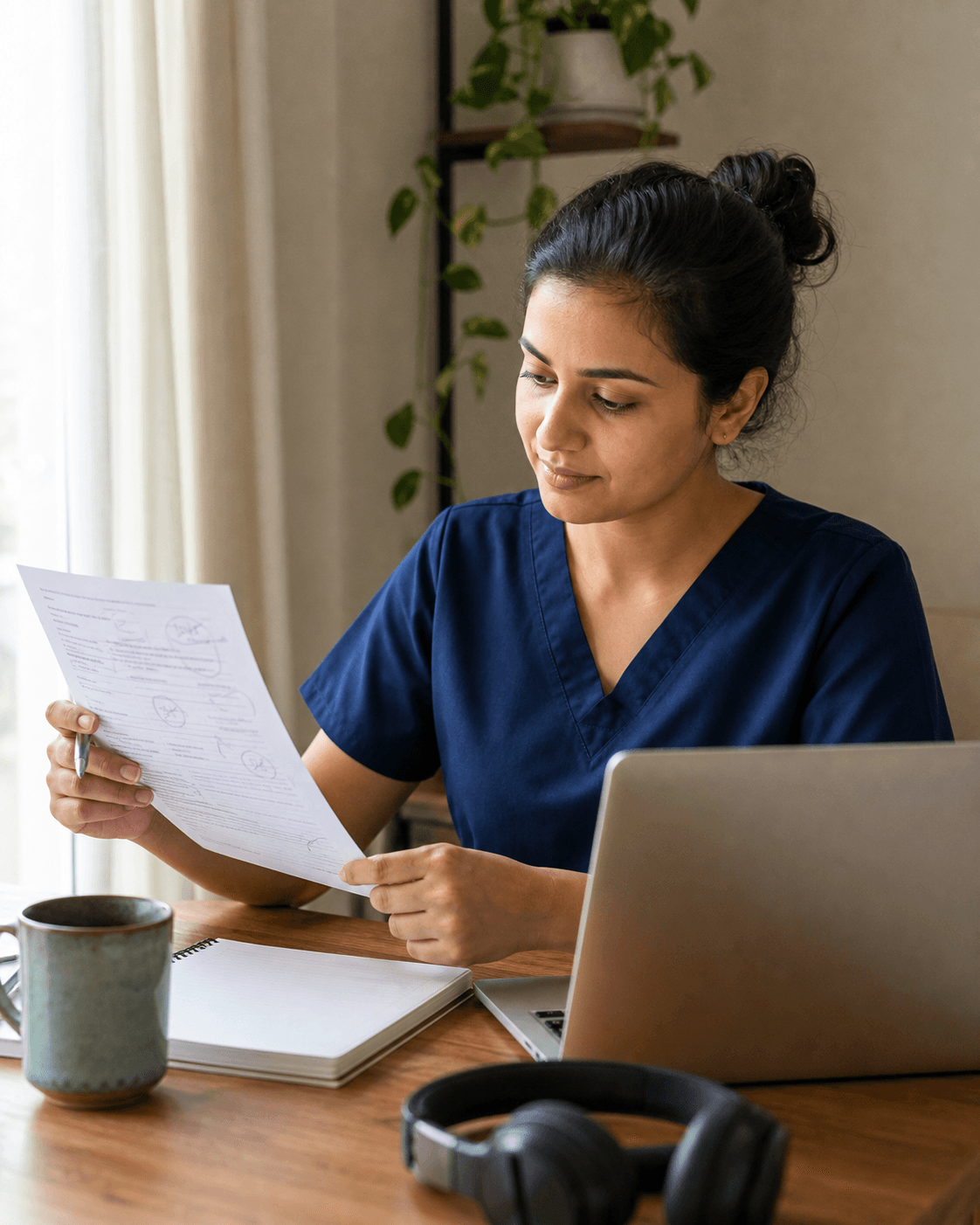 A nurse reviewing feedback on an OET practice letter